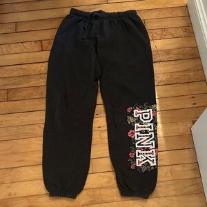 PINK Victoria's Secret Black Joggers with Floral Logo